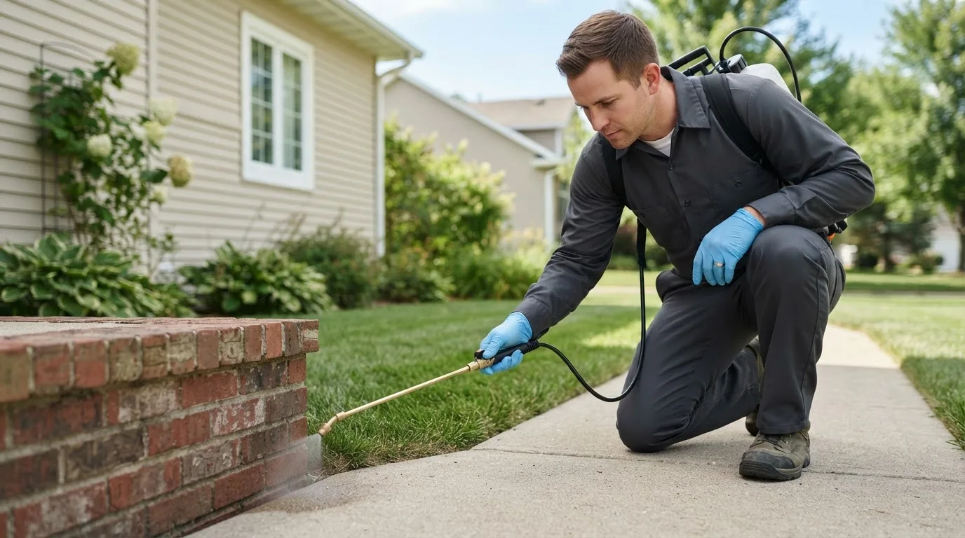 Pest control technician treating a home near Morrisonville, NY