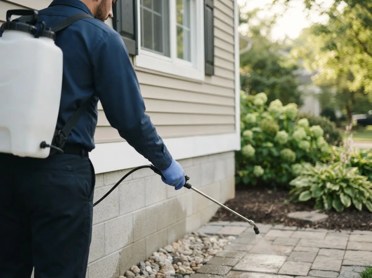 Pest control technician inspecting a home in Morrisonville, NY
